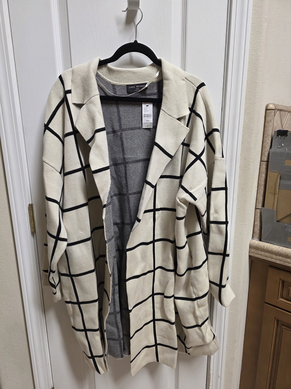 Lane Bryant Cream & Black Windowpane Open-Front Cardigan Jacket